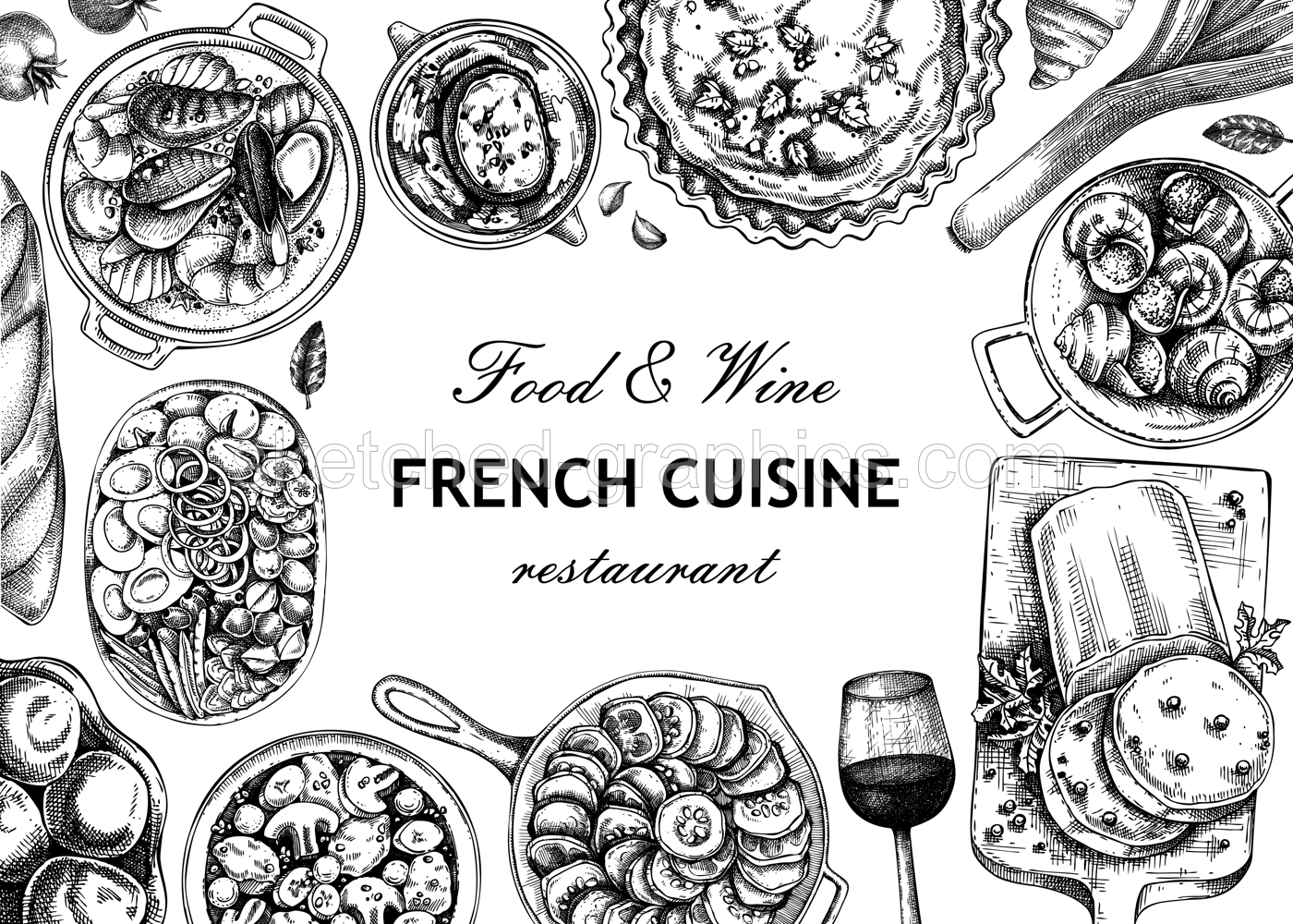 French food frame design. Vintage food and wine sketches. European restaurant menu template. France background. Hand-drawn vector illustration, NOT AI generated Illustration